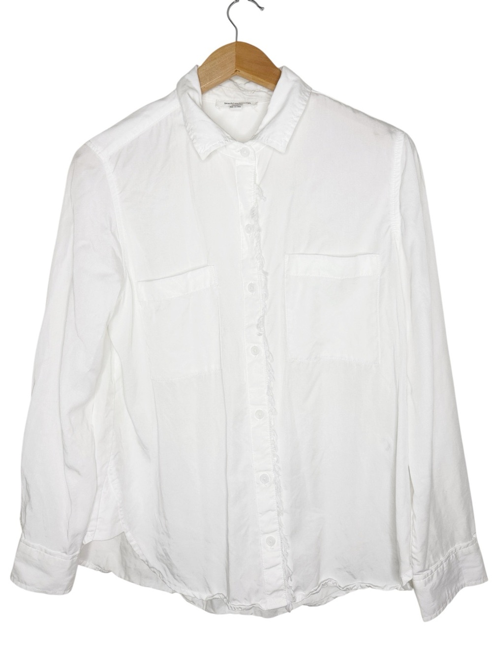 Beach Lunch Lounge White Button-down Chest Pockets Fringe Trim Placket size L